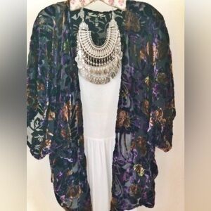Winter Kate Black Sheer Kimono with Purple and Gold Floral velvet burnout
